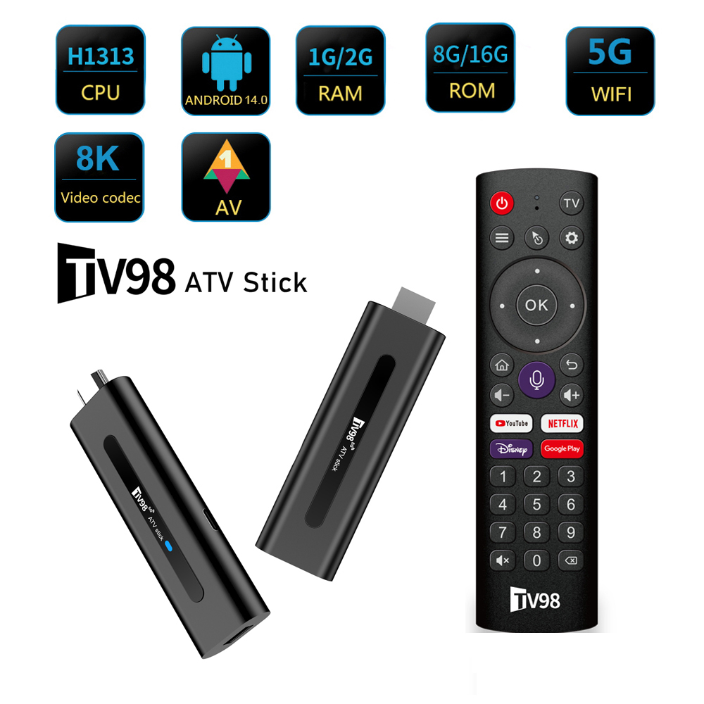 Android 14.0 TV Stick TV98 ATV Smart TV Box 8K Video BT5.0 2.4G 5G WiFi Media Player Allwinner H313 2GB 16GB Voice Remote TV Box