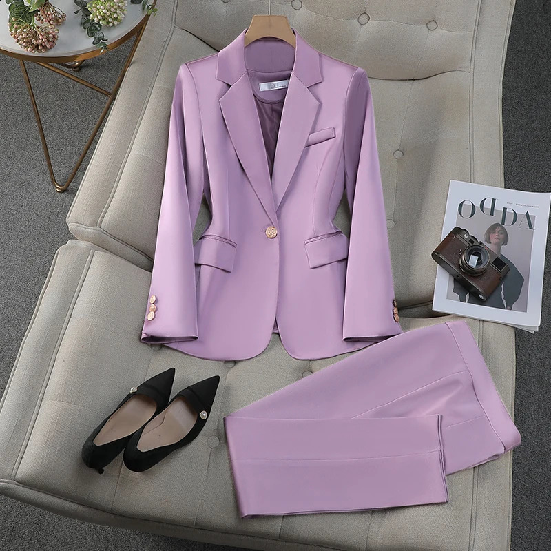 Autumn Winter Two Pieces Suit Women Solid Business Work Single Button Long Sleeves Blazer Coat High Waist Ankle-length Pant 250206