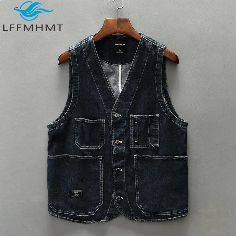 Z014 Spring Fashion Mens Denim Vest Good Quality Teens V-neck Sleeveless Multi-pocket Easy Match Soft Loose Casual Waistcoats 250206