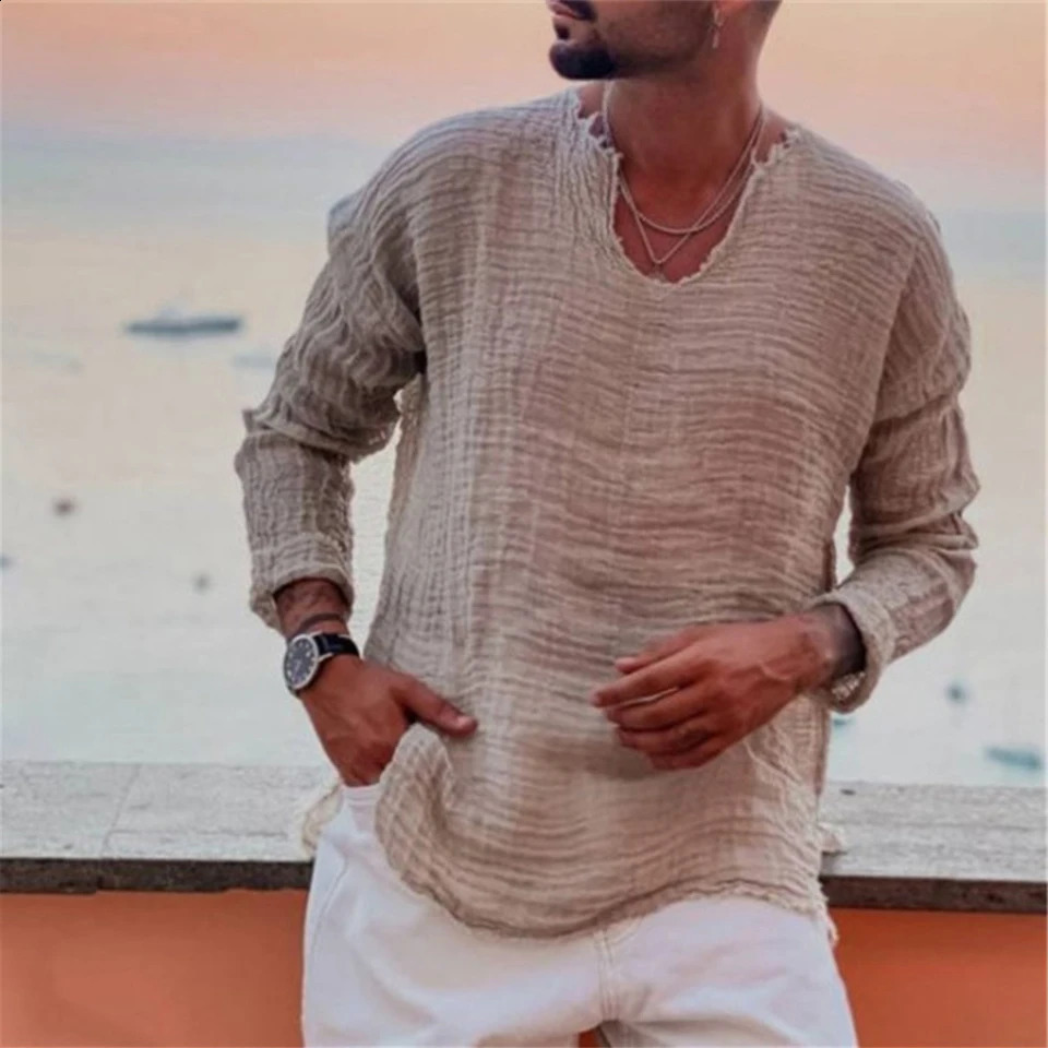 T-Shirt Mens Shirt Blouse Top Classic Daily Linen Blend Long Sleeve Male Muscle Office Outdoor Solid Tee V-Neck 250116