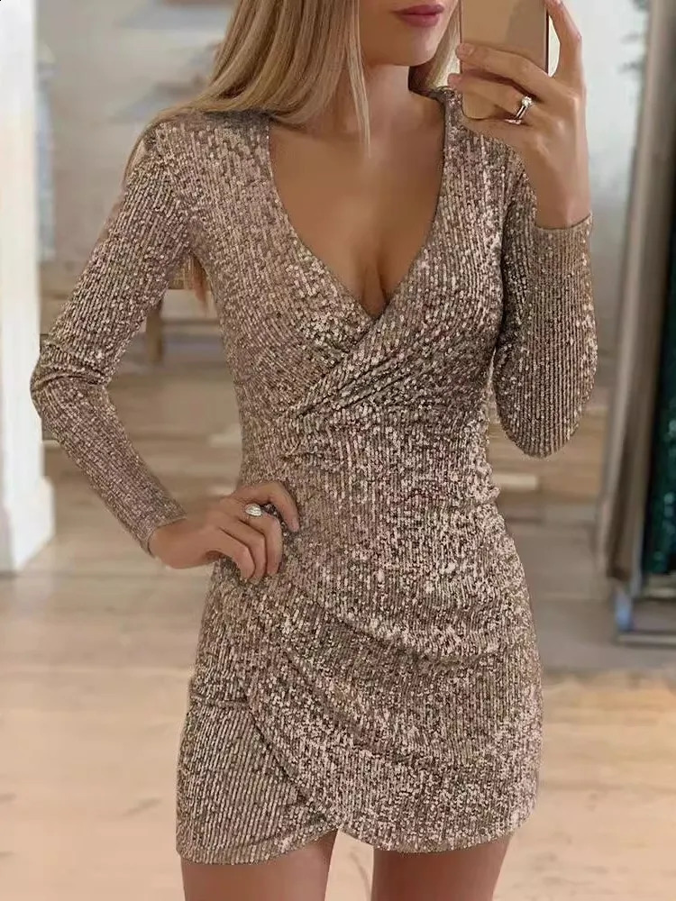 Dresses For Women 2025 Sexy Deep V-Neck Silver Sequin Mini Bodycon Dress Spring Autumn Long Sleeve Party Dress Female 250206