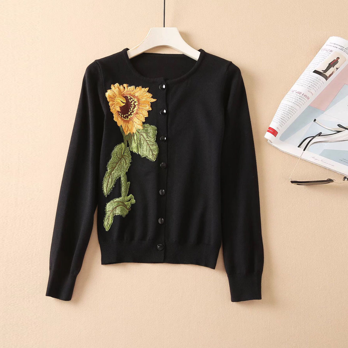 OC1325M7 Women's Two Piece Sets Multicolored Dress Round Neck Long Sleeved Embroidered Knitted Top+printed Dress