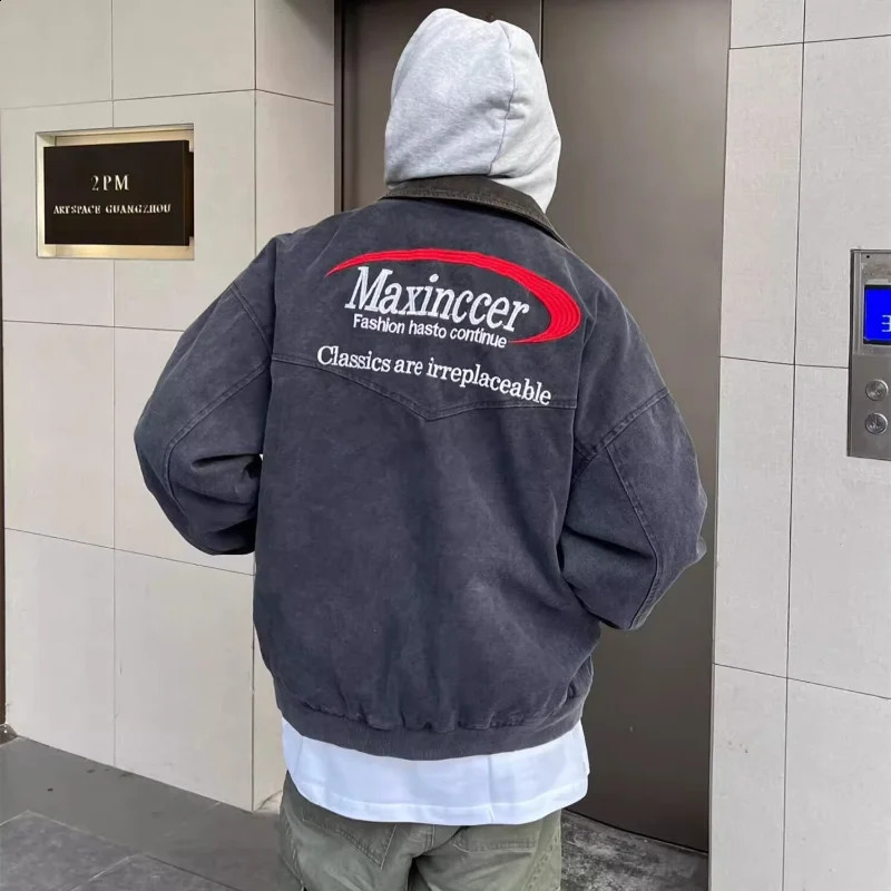 Japanese Street Washed Denim Jacket Mens Retro Letter Embroidered Lapel Baseball Trendy Color Blocking Loose Cowboy Coats 250206