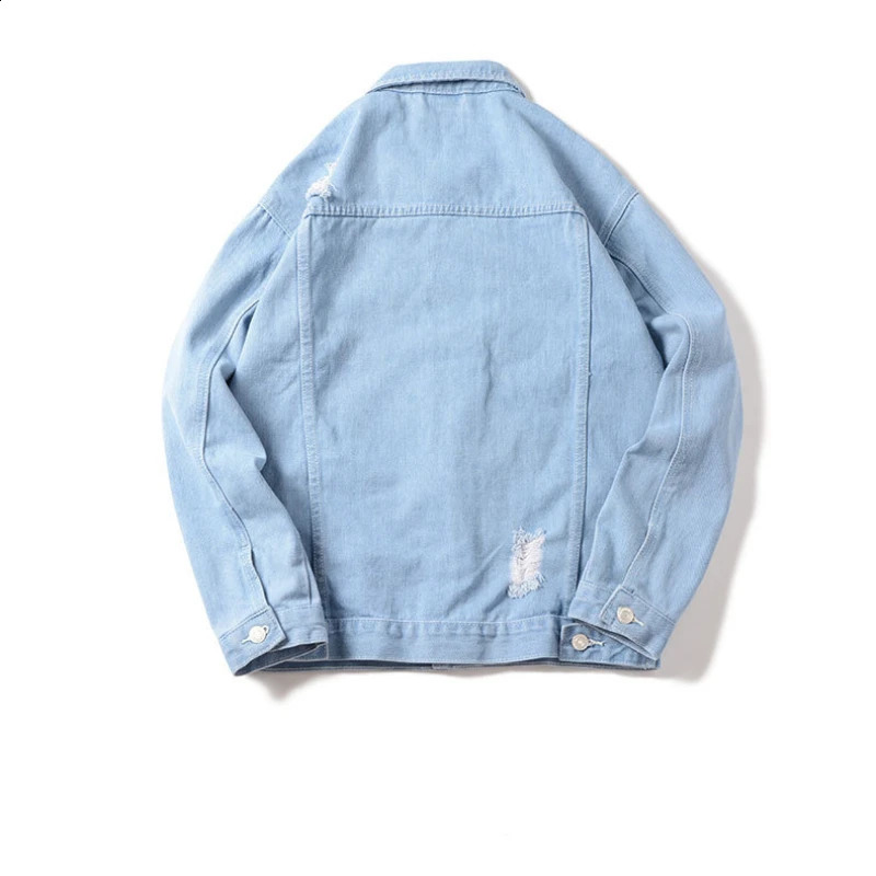 Spring and Autumn Mens Casual Loose Work Coat Trendy Hole Denim Jacket 250206