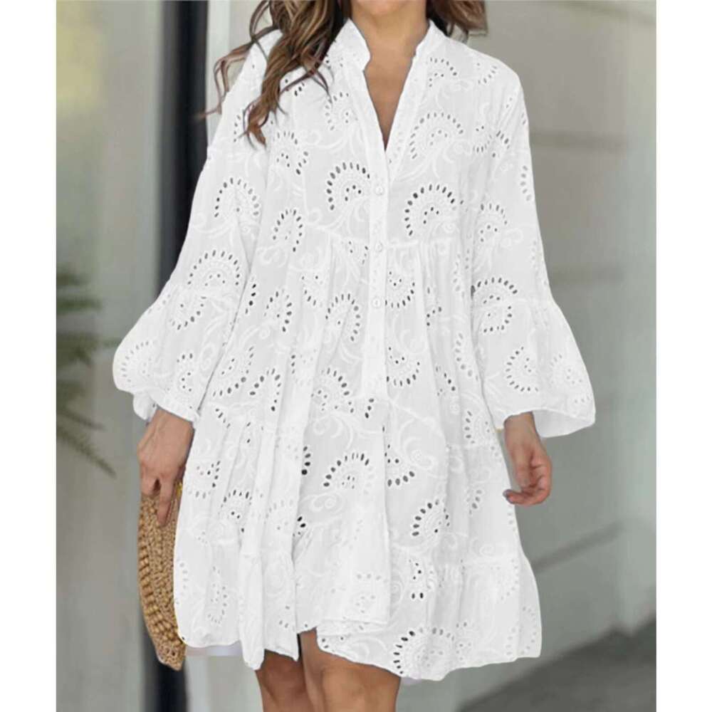 Plus Size S-5XL Hollow Out Dresses for Women Summer Elegant Solid Embroidered Lace Loose Holiday Beach Mini Dress White R250206
