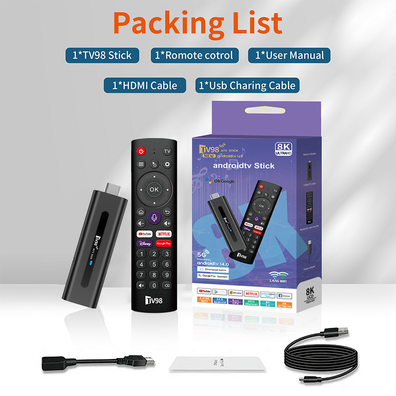 TV98 Mini TV Stick Android 14 TV Stick HDR Set Top Box 8K Video WiFi 2.4/5G Streaming Smart TV Box for Network Media Player