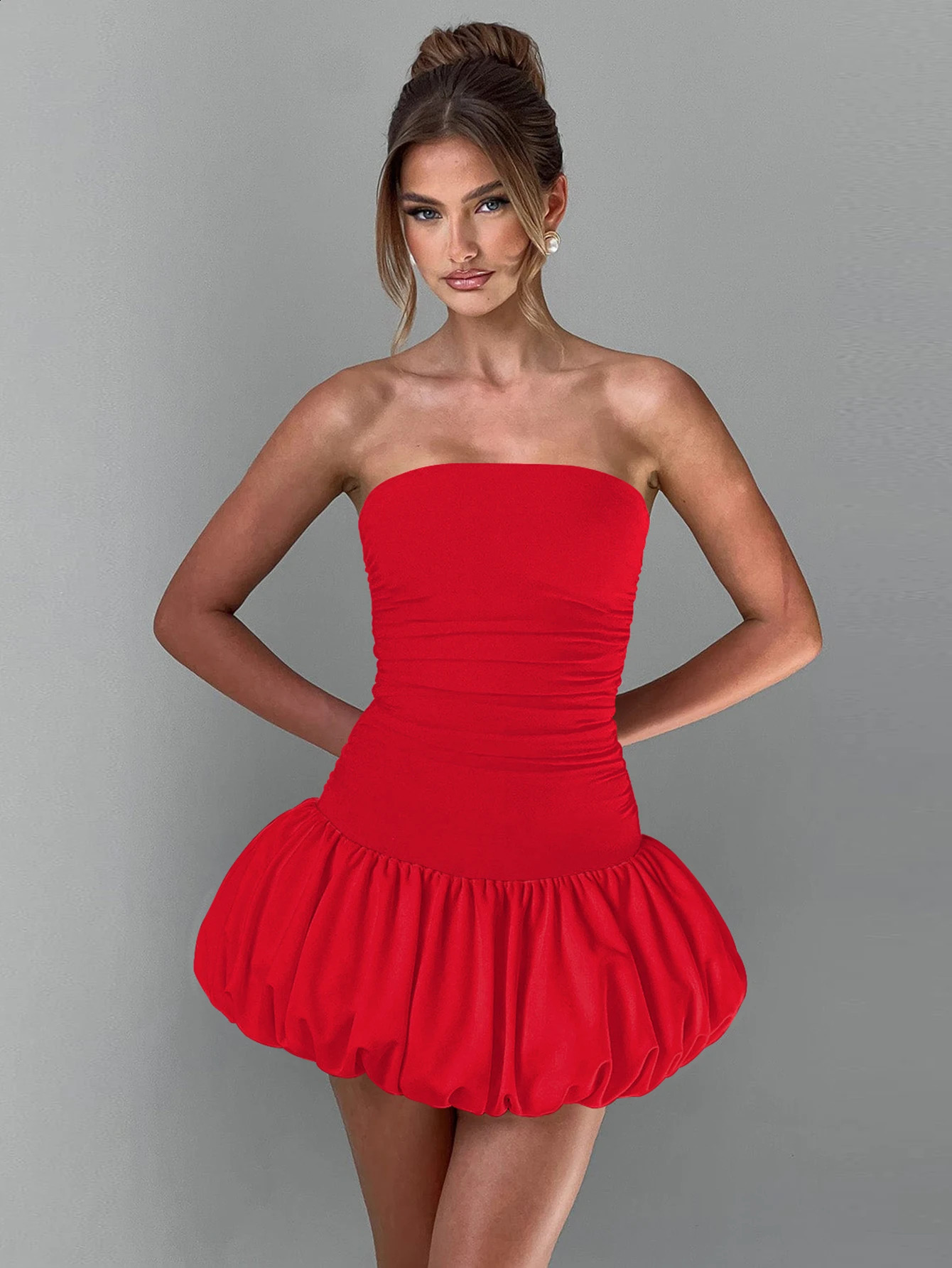 Womens Strapless Sexy Slim Fit Sleeveless Pleated Patchwork MontageSolid Color Dress Summer Beach Club Party Mini Dress 250206