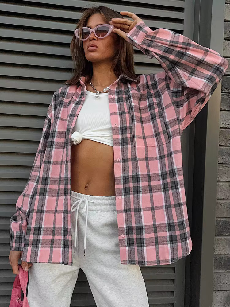 Casual Blouses New Fall Winter Office Lady Long Sleeve Pink Shirt Loose Versatile Plaid Pockets Shirts Top Women Clothing
