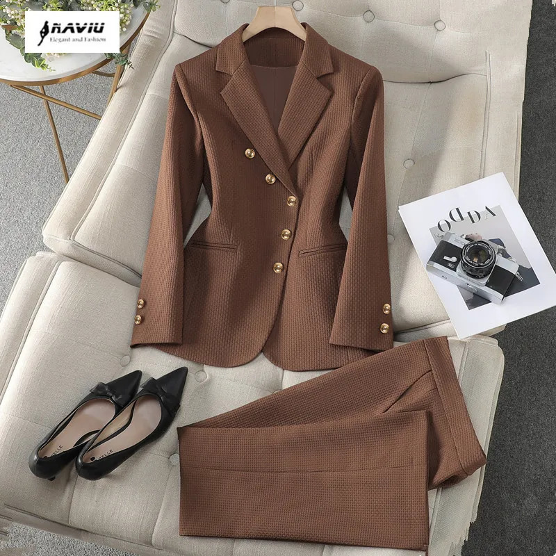 NAVIU Women Pants Suits Coffee Khaki Black Blazer And Trousers Set Office Ladies Work Business Uniform Female Pantsuits 250206