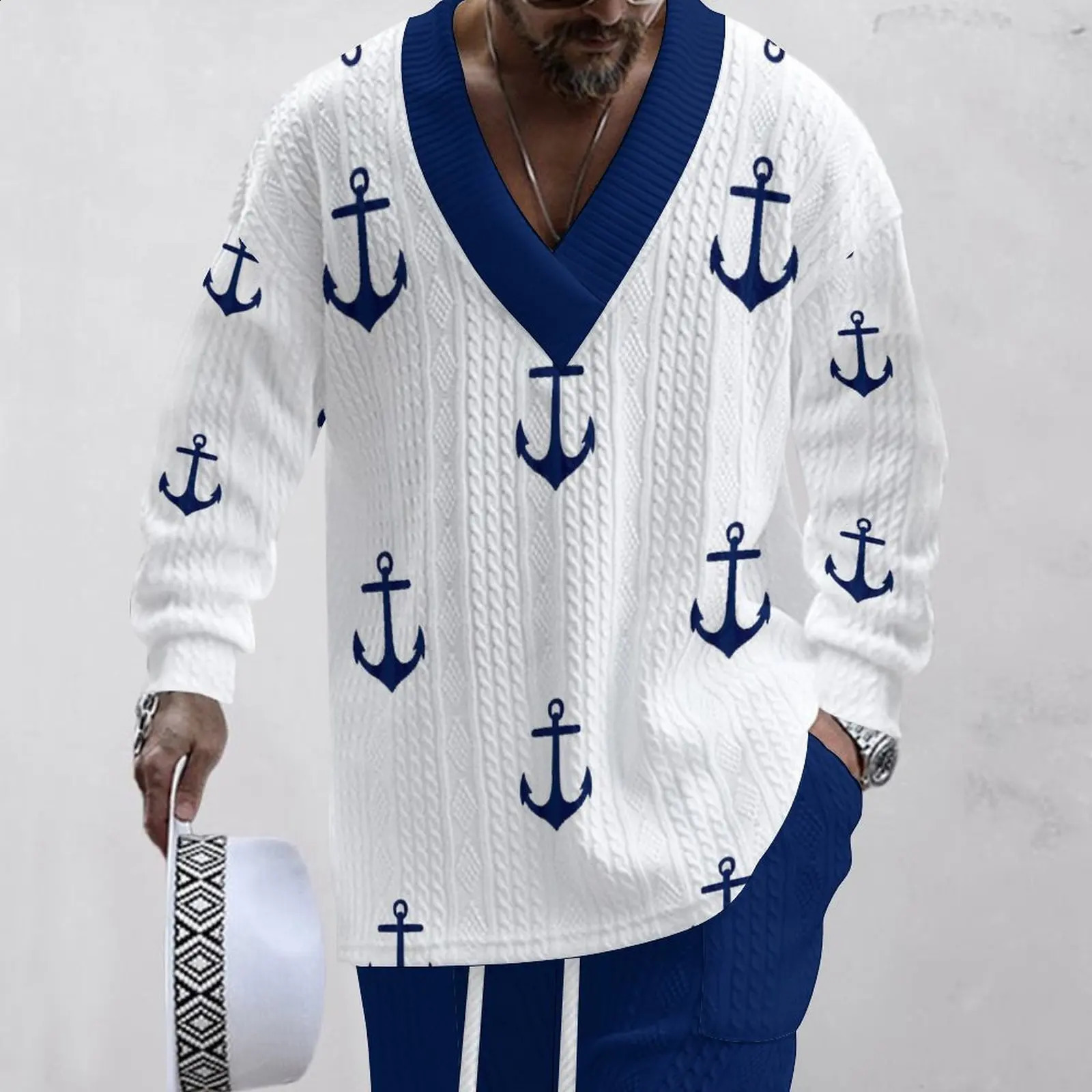 2024 autumn Mens Set Loose Casual Sports Suit High-quality Jacquard V-neck Long-sleeved trousers Two-piece Mens Clothing 250121