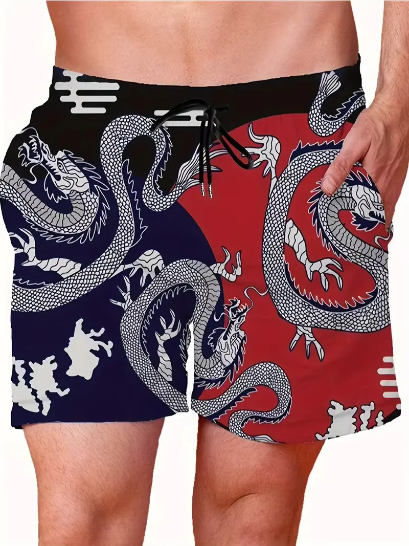 Mens Beach Pants Red Dragon 3D Printed Mens Shorts Summer Casual Breathable Shorts Mens Clothing Bermuda Mens Shorts