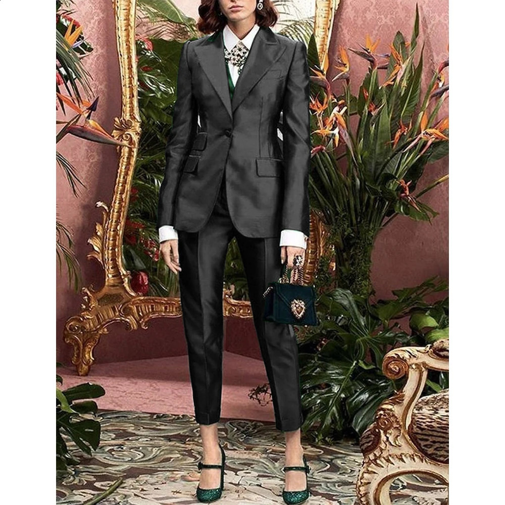 Satin Womens Suit Set Ladies 2 Pieces Pants and Top Evening Party Slim Fit Peaked Lapel Jacket Blazer Combi-pants 250206