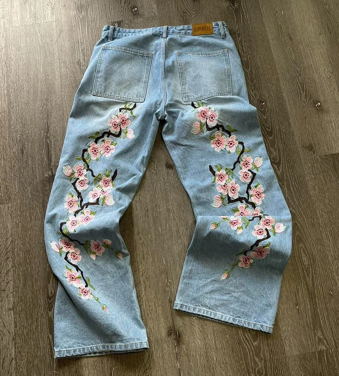 Streetwear Jeans Y2k Hip Hop Rock Cherry Blossom Pattern Loose Jeans Men and Women Harajuku Retro Gothic Fashion Wide Leg Jeans 250206