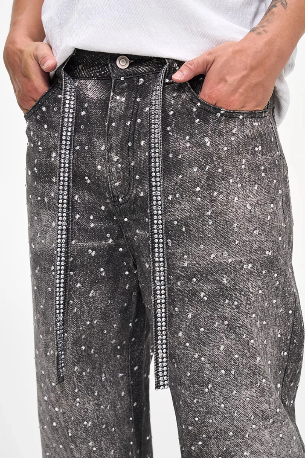 Tung Sung Diamond Jeans Washed Hip Hop Straight Jeans Belt 250206