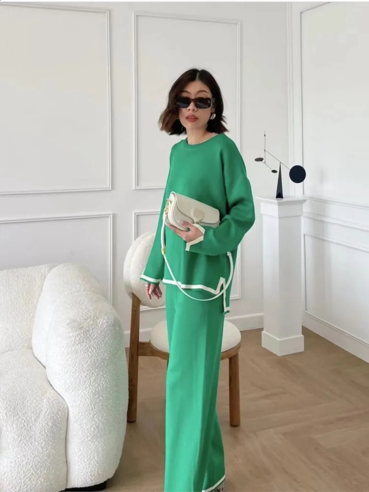Fashion Color Matching Knitted Pant Sets Women Loose Long Sleeve Knitting Sweater Slit Wide Legs Trousers Two Piece Set Female 250121