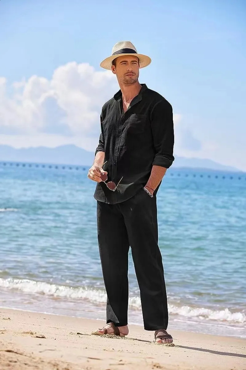 Mens Beach Casual Sky Blue White Black Sports Suit Linen Loose Long-sleeved Shirts Trousers Workwear Two-piece Male Outfit Sets 250121