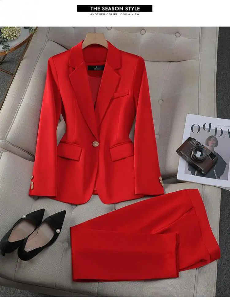 Autumn Winter Two Pieces Suit Women Solid Business Work Single Button Long Sleeves Blazer Coat High Waist Ankle-length Pant 250206