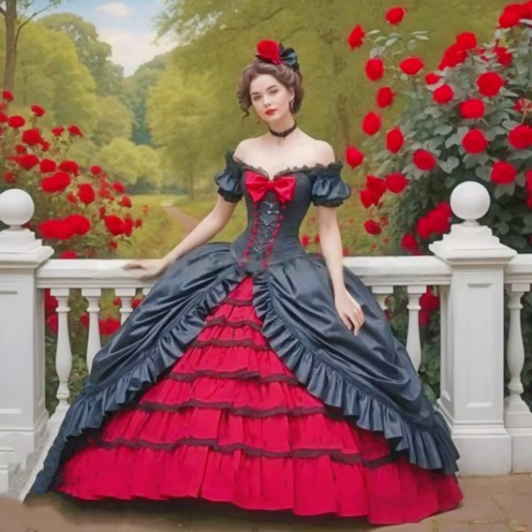 Vintage Victorian Prom Dresses Black And Red Ball Gown Masquerade Dress Off Shoulder Puff Sleeves Princess Special Occasion Gown 2025