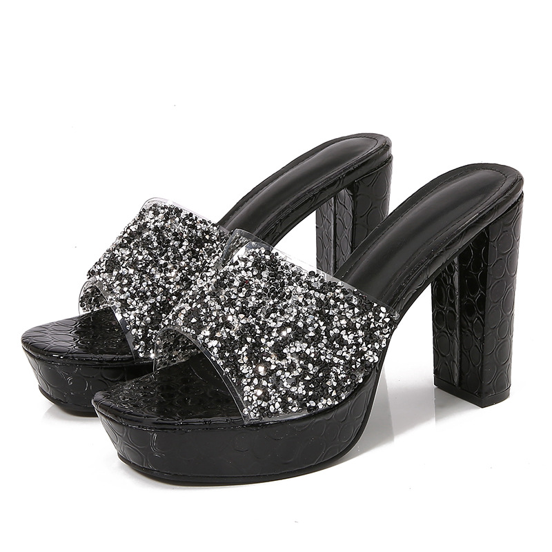 hot Women Slippers Fashion High Heel Dia Design Shining Versatile Triple Black Sier Free shipping