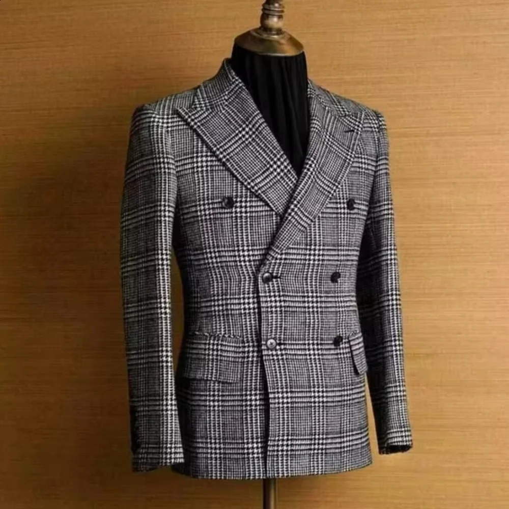 Check Men Blazer for WeddingBusiness Party Plaid Lapel Double Breasted Houndstooth Suit Jacket Male Fashion 1 Pc Coat 250121
