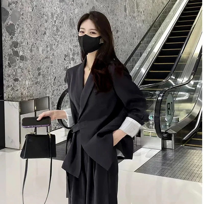 Spring Women Suit Jacket High Waist Wide Leg Long Pants Solid Two-Piece Set Spring and Autumn womens suit set 250206