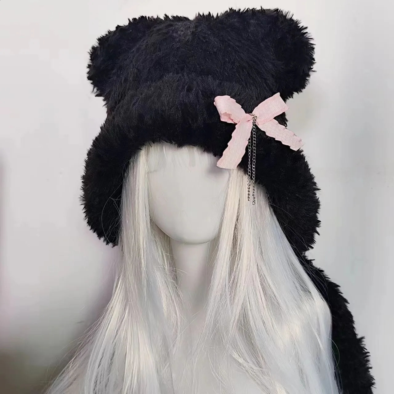 Harajuku Gothic Lolita Y2K Knitted Bear Ear Bowknot Chain Hat Women Punk er Winter Black Beanie Female Accessories Cap 250120