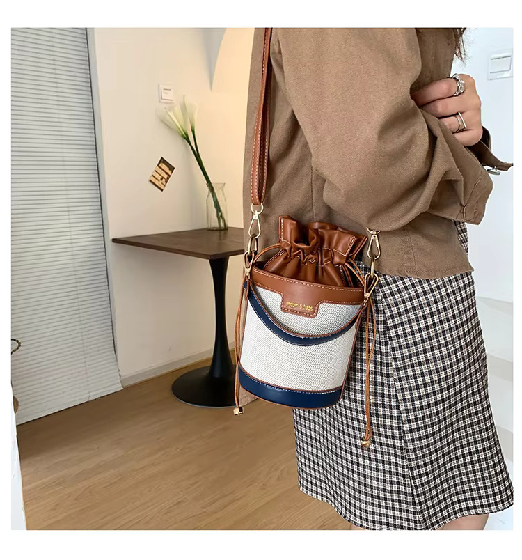 Women Shoulder Bags Cyder PU Leather Bucket Crossbody Bag Casual Drawstring Handbags Purse For Travel Shopping Straw Casual