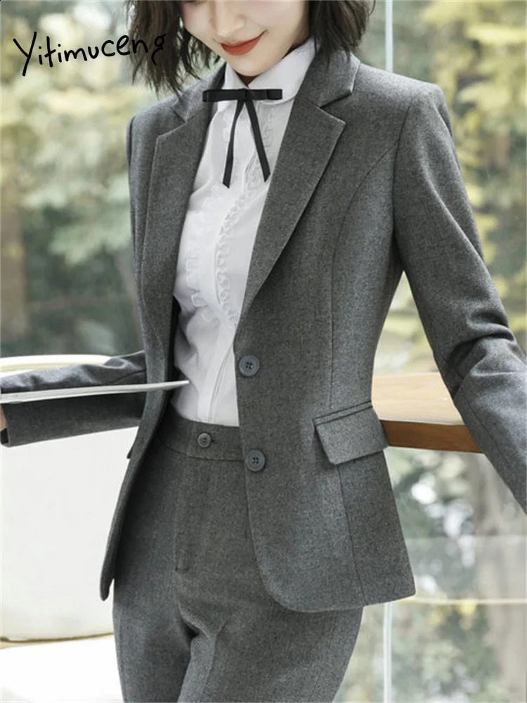 Yitimuceng Office Ladies Pants Suits for Women Long Sleeve Single Breasted Slim Formal Blazer Suits Pants 2 Piece Set 250206