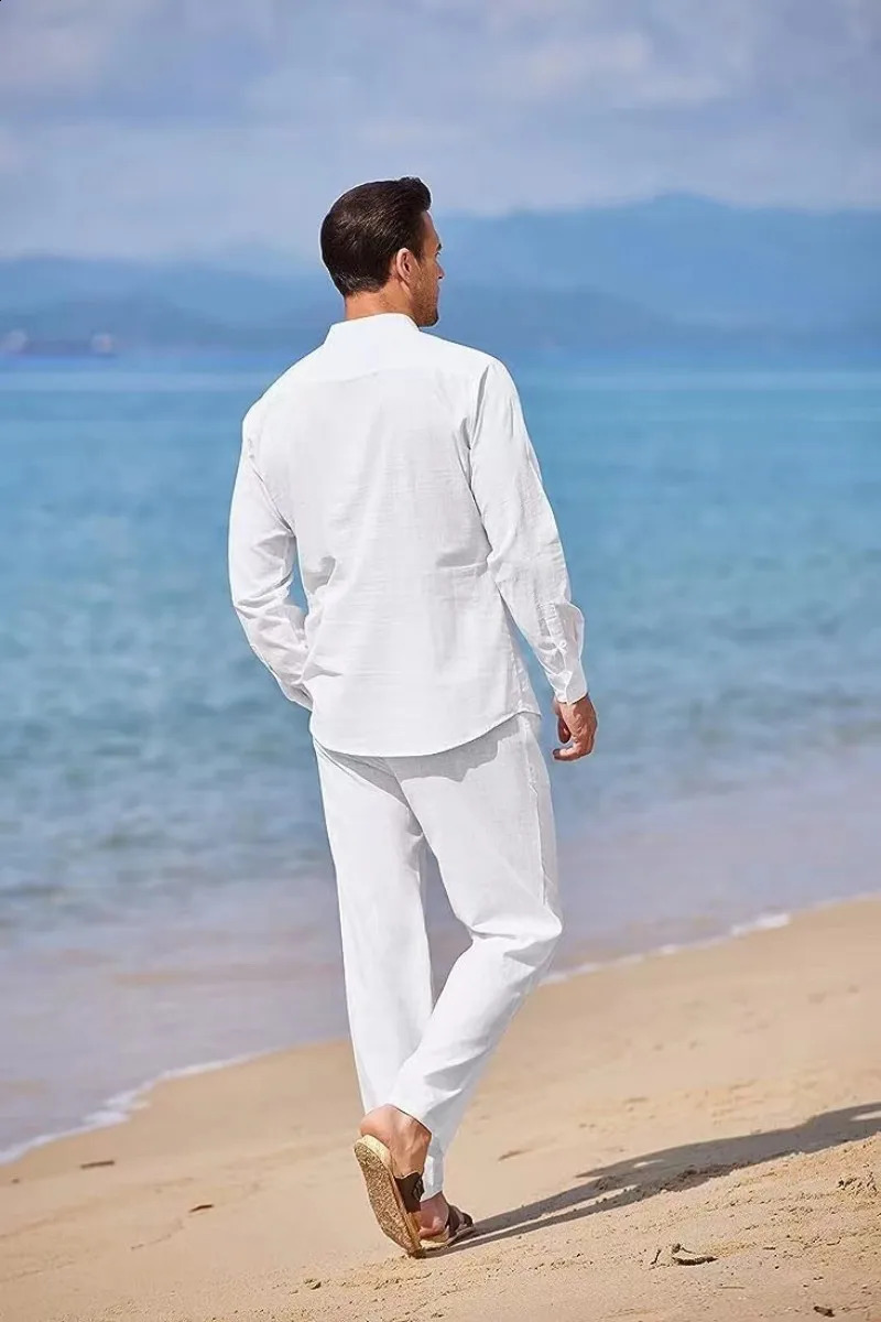 Mens Beach Casual Sky Blue White Black Sports Suit Linen Loose Long-sleeved Shirts Trousers Workwear Two-piece Male Outfit Sets 250121