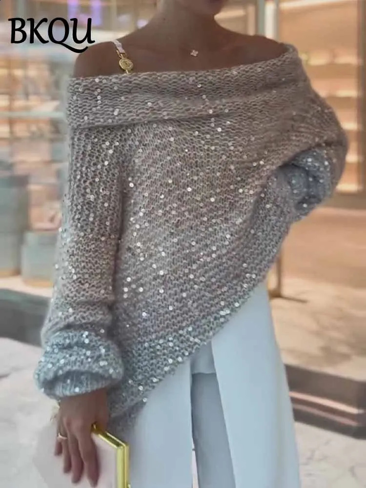 BKQU Sequin Off Shoulder Sweater Women Elegant Lantern Sleeve Loose Shiny Knit Pullover Autumn Winter Fashion Street Jumper 2025 250121