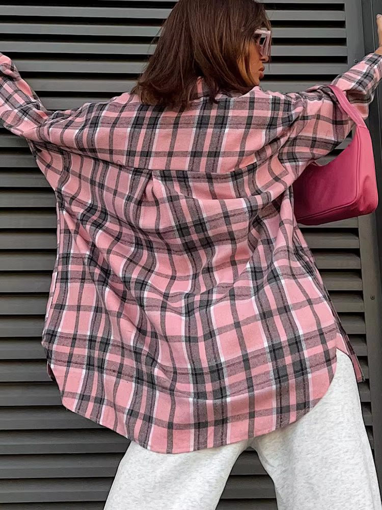 Casual Blouses New Fall Winter Office Lady Long Sleeve Pink Shirt Loose Versatile Plaid Pockets Shirts Top Women Clothing