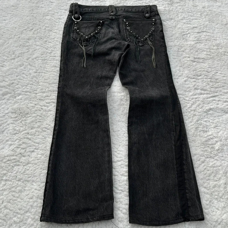 Y2K baggy Jeans Black Vintage Cross Leather Detail Punk Flared Jeans Gothic Streetwear Harajuku men women Casual wide leg jeans 250206