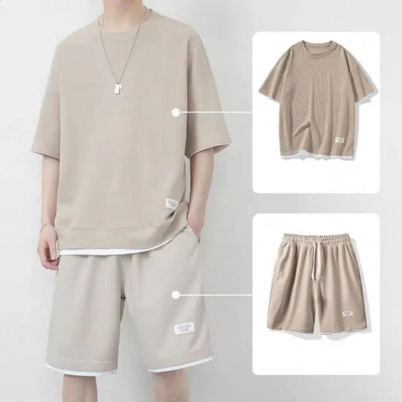 Summer Fashion Casual Ice Silk Shorts Set Men Panelled Round Neck Short Sleeved T-shirt Elastic Waist Drawstring Pocket Set 250121
