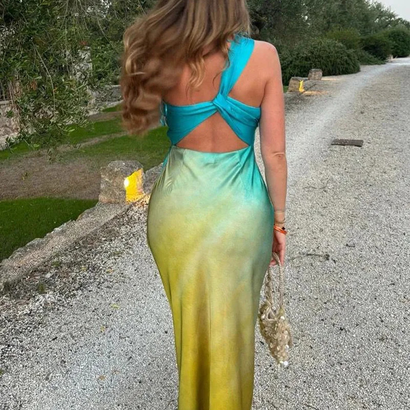 TRAF Tie Dye Satin Dress Women Asymmetric Off Shoulder Midi Dress Woman Summer Knot Backless Long Dresses Sleeveless Party Dress 250206
