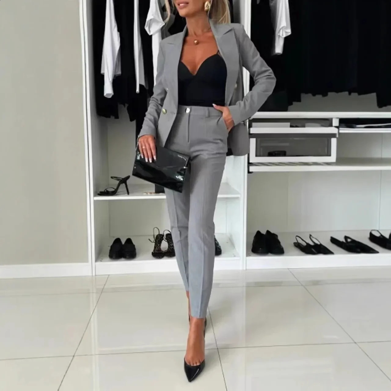Women Office Smart Clothes Set 2pcs Blazer Double Breasted Button Solid Color Jacket High Waist Slim Pencil Pants 250206
