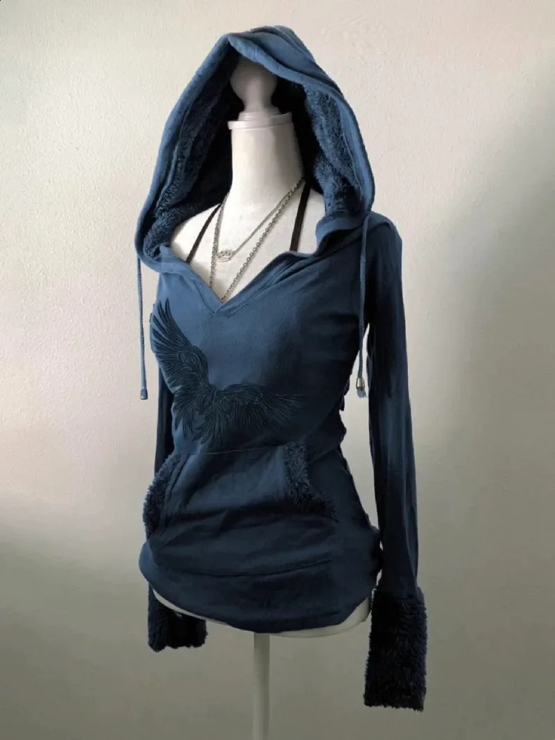 American Gothic Y2K Print Pattern Blue Lamb Wool Hoodies Women Autumn Retro Millennial Girl Slim Harajuku Street Casual Top 250206