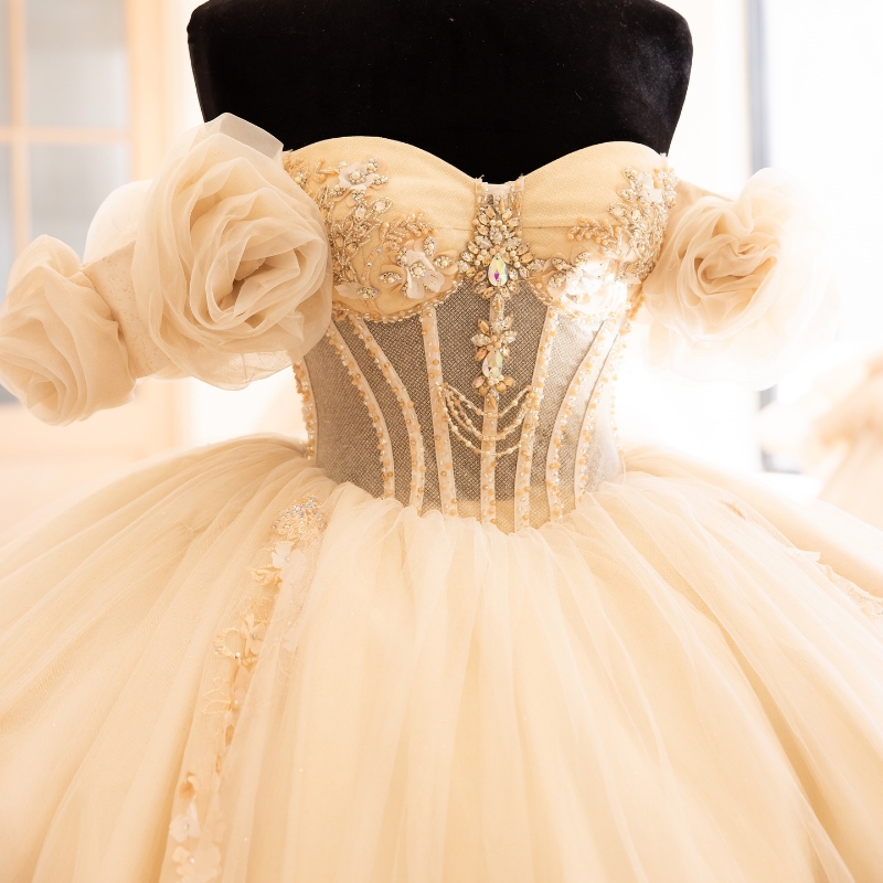 Champagne Quinceanera Dresses Ball Gown Off Shoulder Appliques Lace Flower Beads Tull Corset Birthday Party Sweet 16 Dress Vestidos 15 Anos