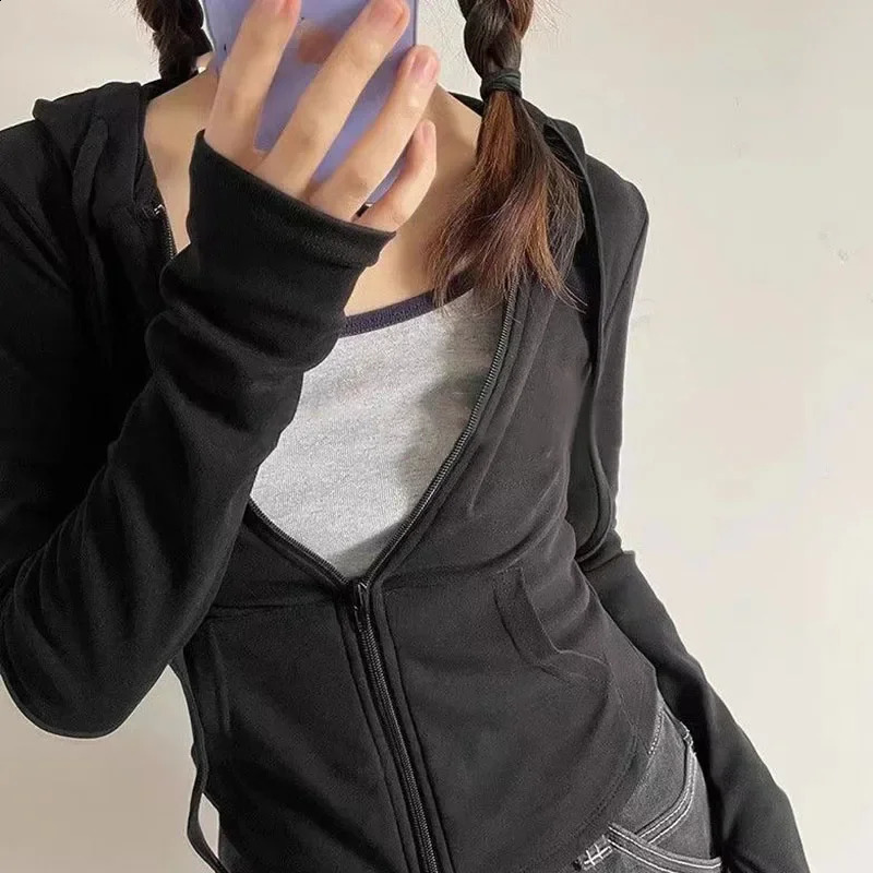 Xpqbb Vintage Zip Up Cropped Hoodies Women Solid Color Y2K Long Sleeve Hooded Jacket Woman Korean Style Slim Streetwear Hoody 250206