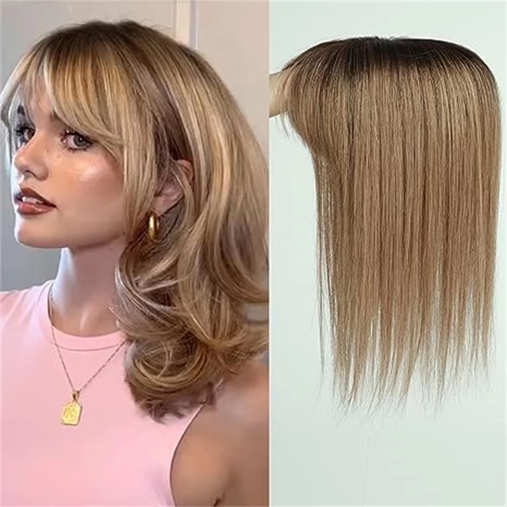 Straight Remy Human Hair Toppers Hair Pieces For Women dark roots Light Brown Women Topper with Bang Silk Base Clip In Topper For Thinning Hair 3x5&qu
