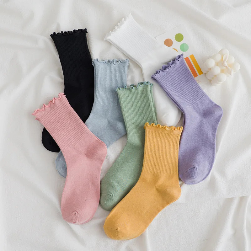3 Pairs/lot Women Ruffle Lace Cute Socks Polyester Cotton Loose Autumn Winter Knitting Solid Color Long Breathable Mid Tube Sock 250121
