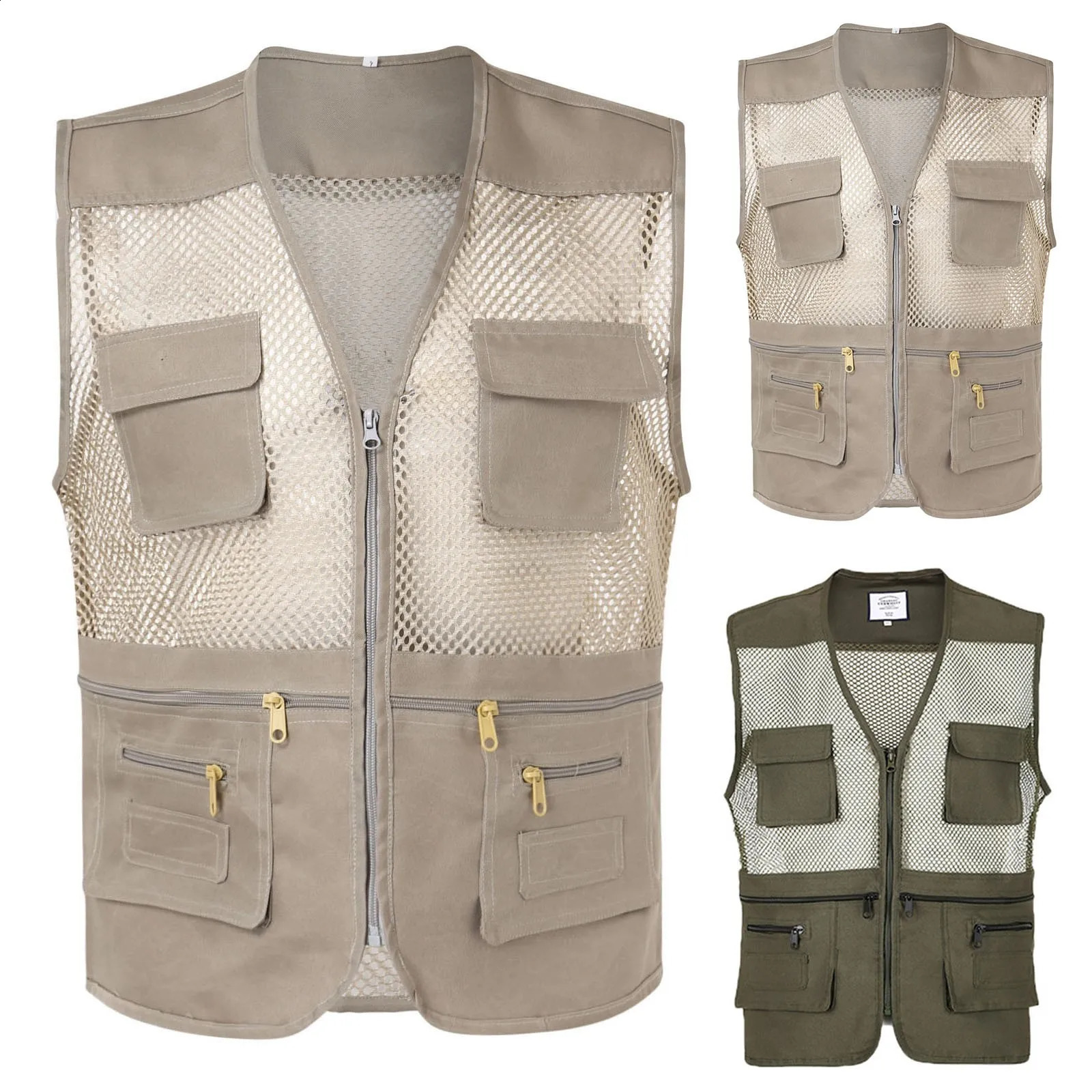 Mens Fishing Multi Pocket Vests Y2k Vintage Mesh Stitching Cargo Vest Solid Color V-Neck Sleeveless Tank Tops Casual Streetwear 250206