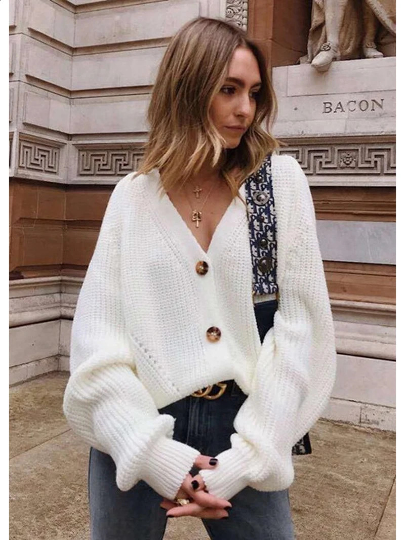 Grey Cardigan Sweater Women Cozy Soft Knit Button Up V-Neck Jumper Basic Knitwear Autumn Winter Outfit 250206