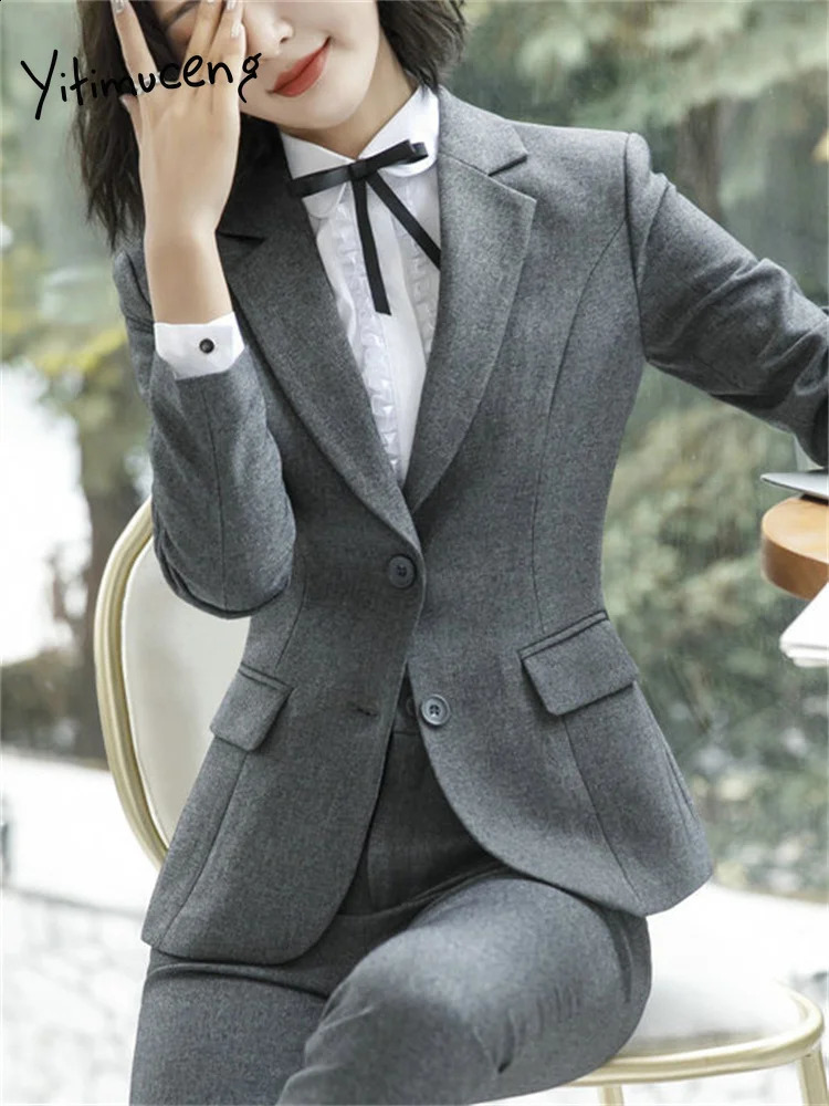Yitimuceng Office Ladies Pants Suits for Women Long Sleeve Single Breasted Slim Formal Blazer Suits Pants 2 Piece Set 250206