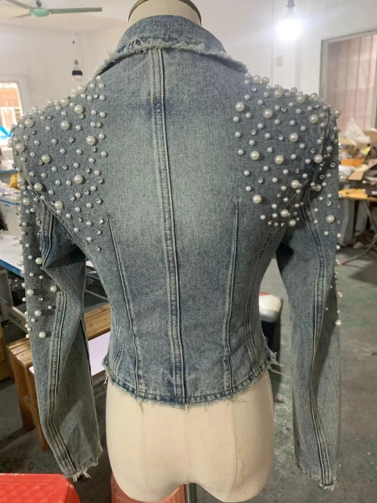 Spring Pearl Diamonds Beading Denim Jacket Women Vintage Notched Blue Slim Jeans Coat Female Long Sleeve Short Cow Outerwear 250116