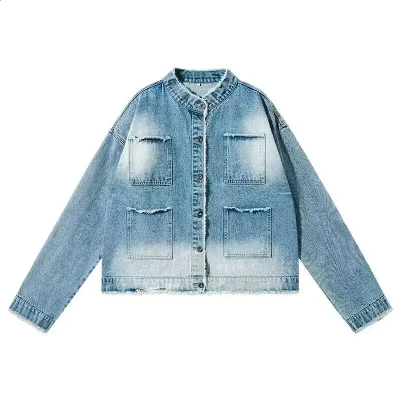 Jeans Coat for Men Wide Sleeves Stand Collar Blue Denim Jackets Man One Piece Large Size Washed Lxury Cowboy Clothing G 250206