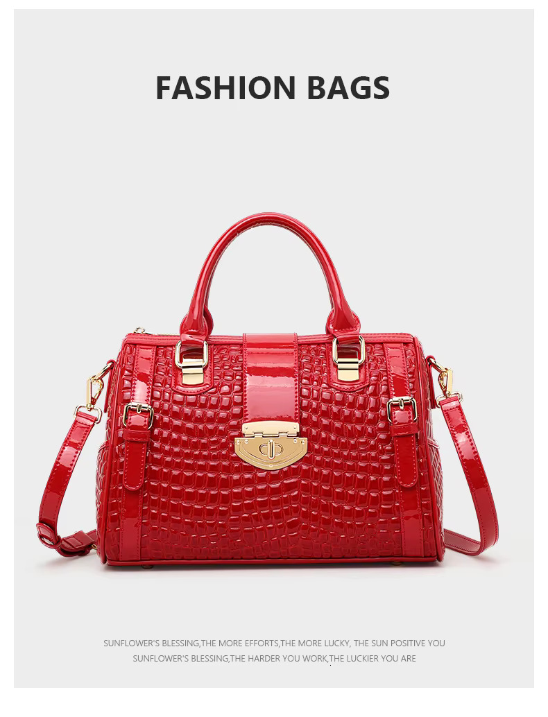 Aidrani Red genuine leather cowhide crocodile-emed tote Boston bag, high-end commuting women's handbag.