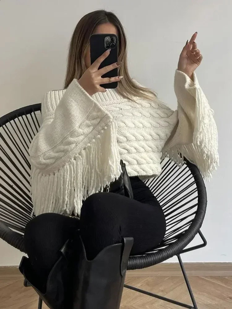 Elegant Off Shoulder Womens Spliced Tassels Sweater Sexy Slash Neck Long Sleeves Pullover Jumper 2024 Autumn Lady Chic Knitwear 250121