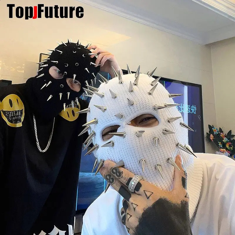 Rivet full face mask winter thermal mask skiing sports Balaclava mask Y2K knitted Beanies punk hip-hop pointed hat motorcycle helmet 250109