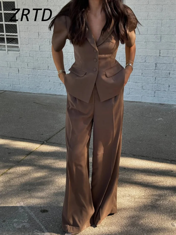 Elegant Solid Blazer Pants Sets Women Shoulder Pads Button Short Sleeve Jacket Wide Leg Trousers 2025 Spring Lady Street Outfits 250206