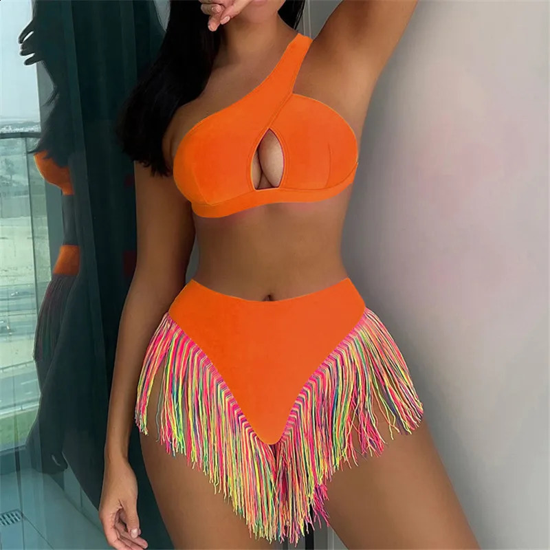 Sexy Fringe Tassel High Wasit Bikini Set One Shoulder Swimwear Hollow Out Swimsuits Woman 2024 Bathing Suit Bikinis Muejr Summer 250121